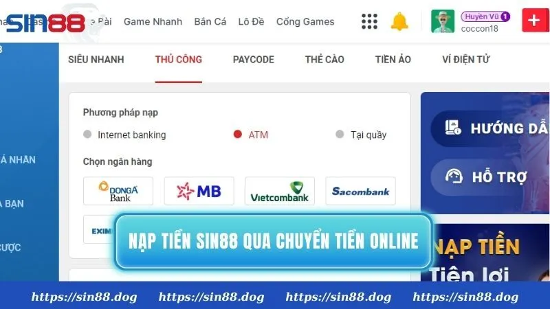 Hướng dẫn nạp tiền Sin88 bằng cách chuyển tiền online